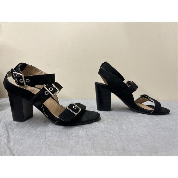 Vionic Carmel Sandal Womens Size 6 Black Suede Ankle Strap Chunky Heels Fs Chrty - Picture 4 of 11